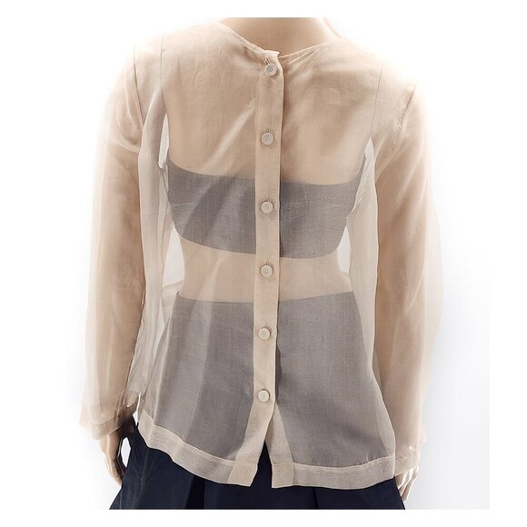 Sheer Long Sleeve Organza Blouse Pockets Beige - Picture 3 of 4